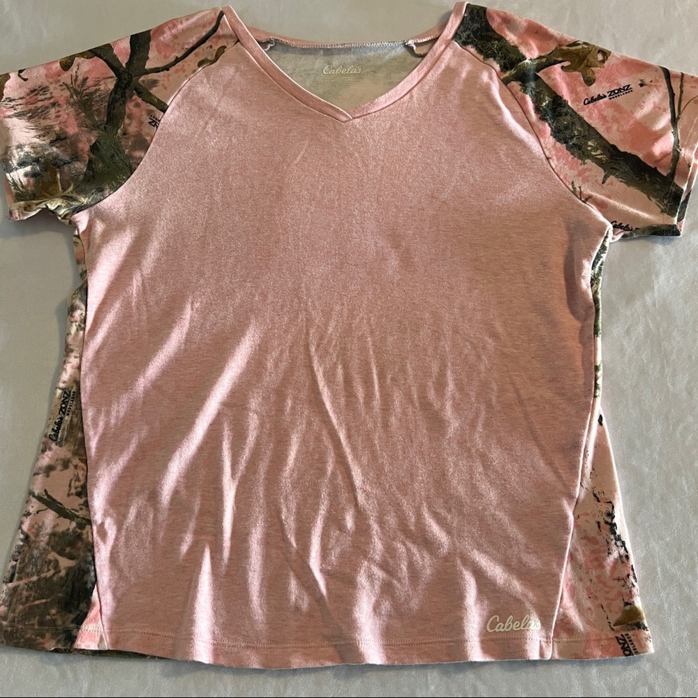 XL Cabelas Zonz Woodland Womens Pink Camo Outdoor Short Sleeve Tree Short Sleeve